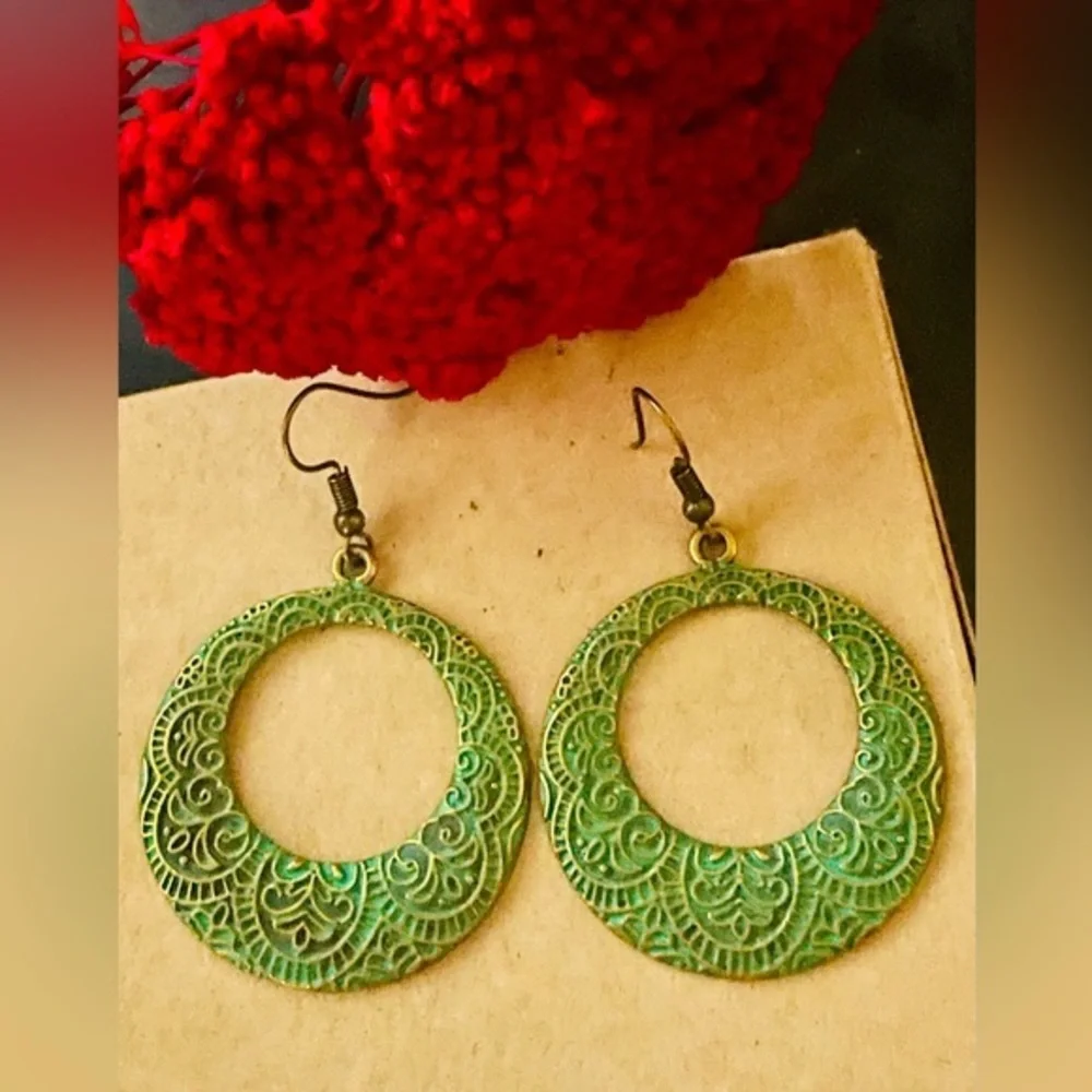 Antique Brass Boho Drop Earrings with Embossed Mandala Design in Green Patina - Picture 10 of 12